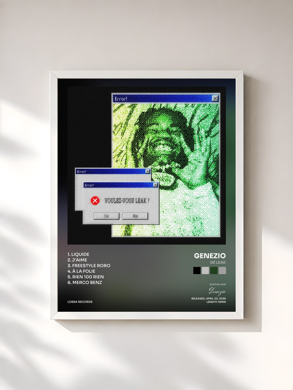 #blanc Tableau de l'album GÉ LEAK de Genezio, cadre blanc, imprimé et encadré en France