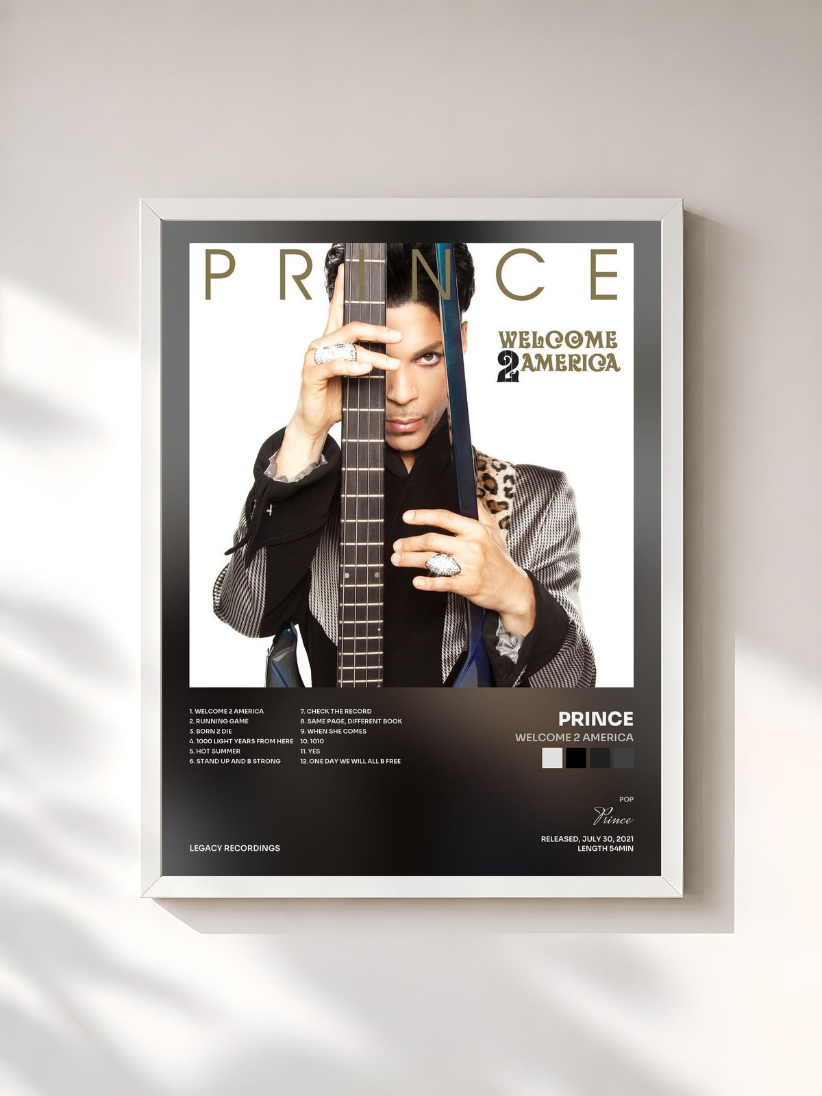 #blanc Tableau de l'album Welcome 2 America de Prince, cadre blanc, imprimé et encadré en France