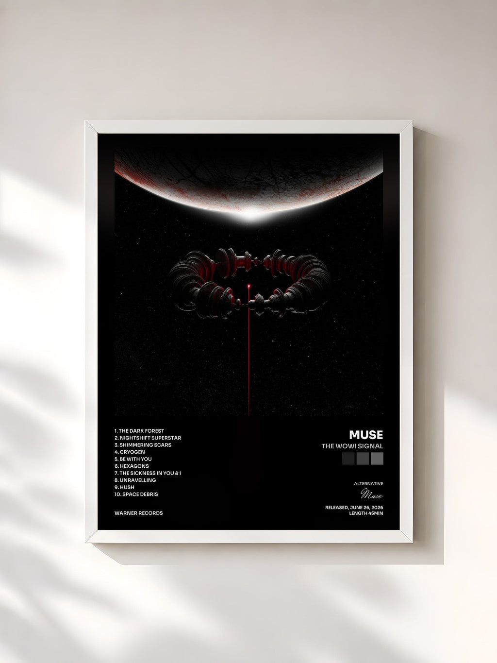 #blanc Tableau de l'album The Wow! Signal de Muse, cadre blanc, imprimé et encadré en France
