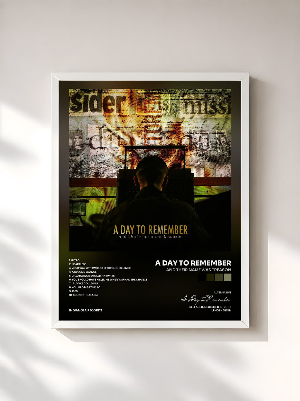 #blanc Tableau de l'album And Their Name Was Treason de A Day to Remember, cadre blanc, imprimé et encadré en France
