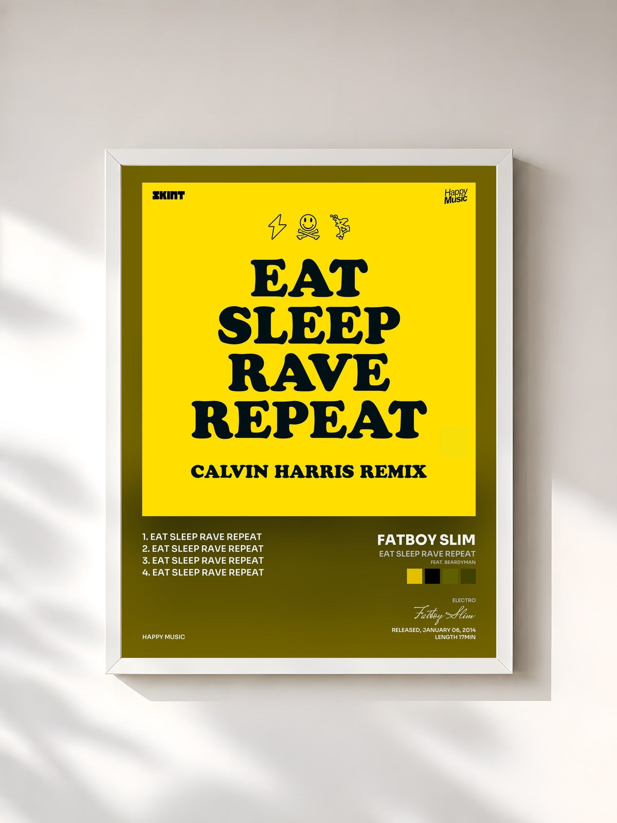 #blanc Tableau de l'album Eat Sleep Rave Repeat (feat. Beardyman) - EP de Fatboy Slim, cadre blanc, imprimé et encadré en France