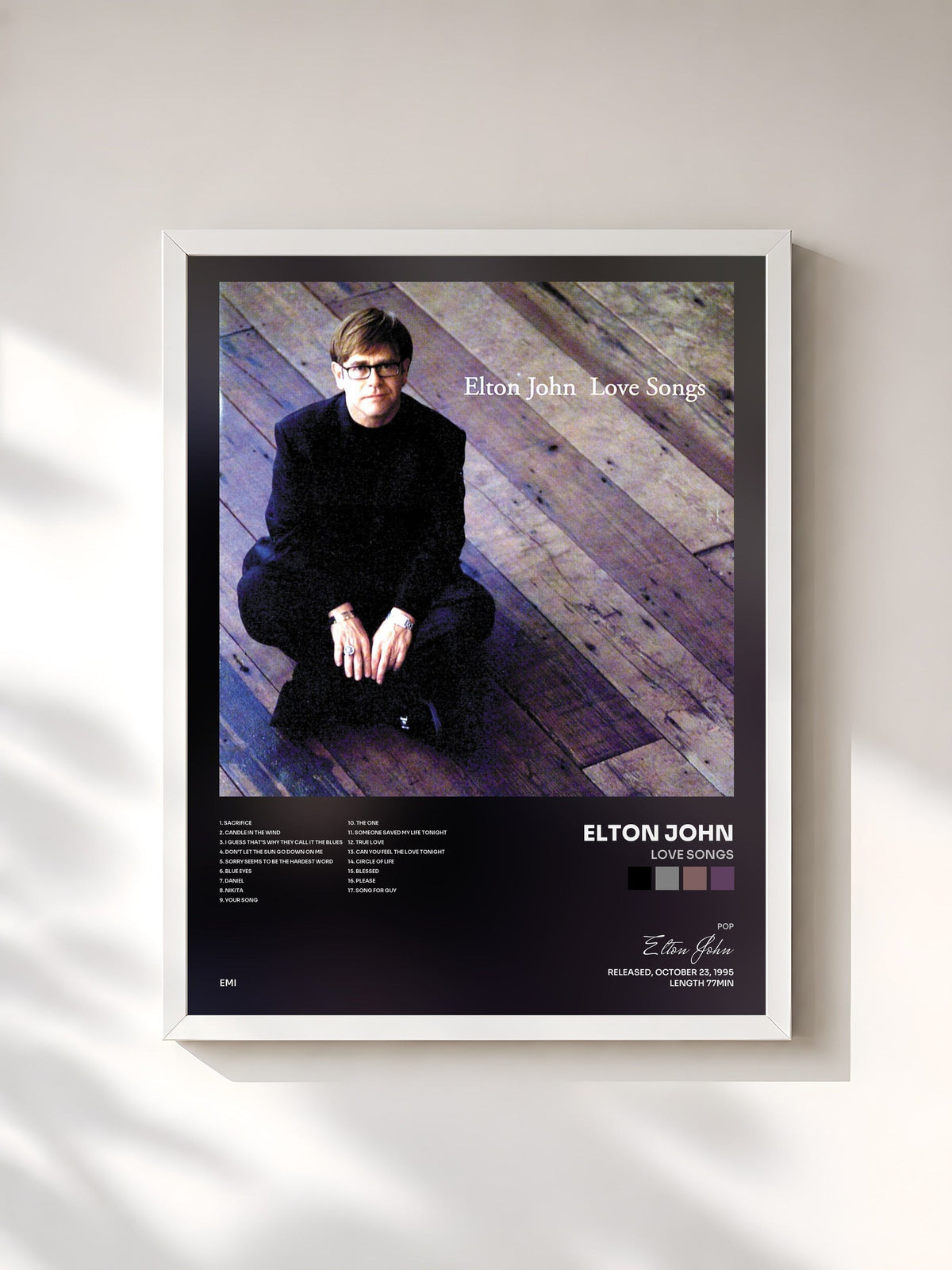 #blanc Tableau de l'album Love Songs de Elton John, cadre blanc, imprimé et encadré en France