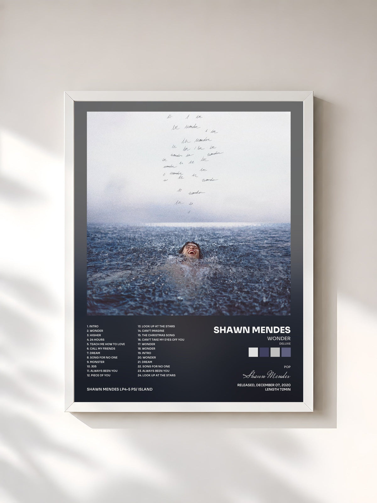 #blanc Tableau de l'album Wonder (Deluxe) de Shawn Mendes, cadre blanc, imprimé et encadré en France