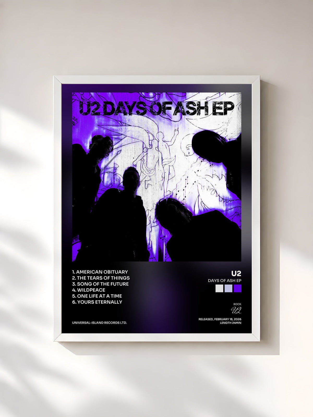#blanc Tableau de l'album Days Of Ash EP de U2, cadre blanc, imprimé et encadré en France