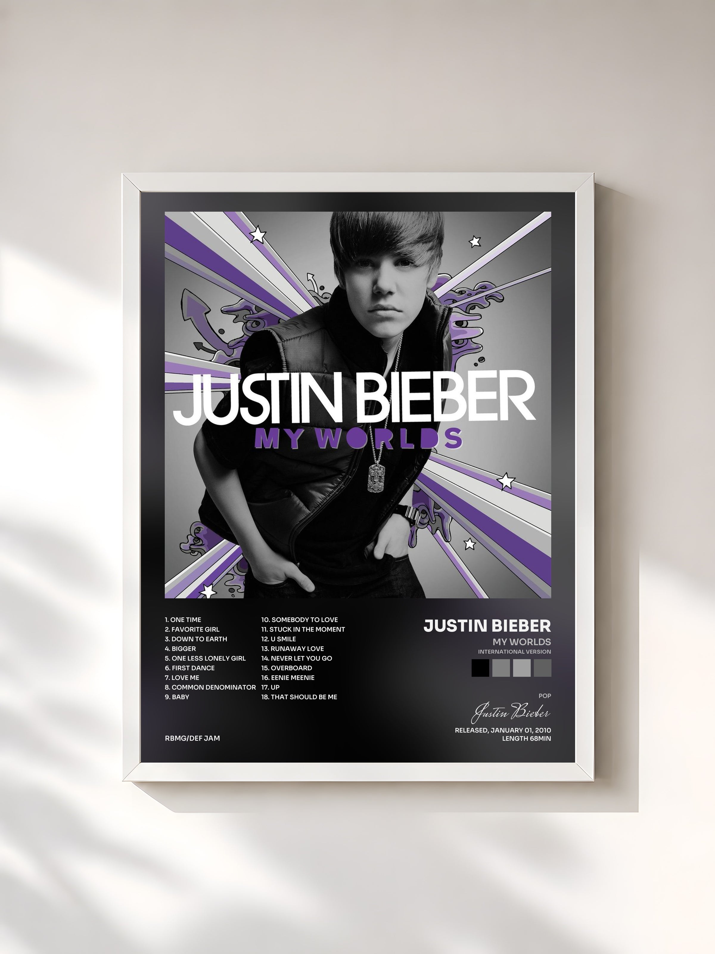 #blanc Tableau de l'album My Worlds (International Version) de Justin Bieber, cadre blanc, imprimé et encadré en France