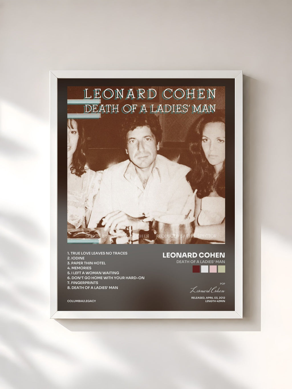 #blanc Tableau de l'album Death Of A Ladies' Man de Leonard Cohen, cadre blanc, imprimé et encadré en France