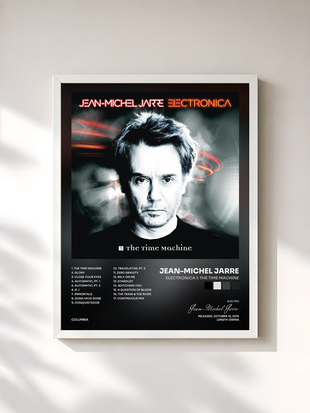 #blanc Tableau de l'album Electronica 1: The Time Machine de Jean-Michel Jarre, cadre blanc, imprimé et encadré en France