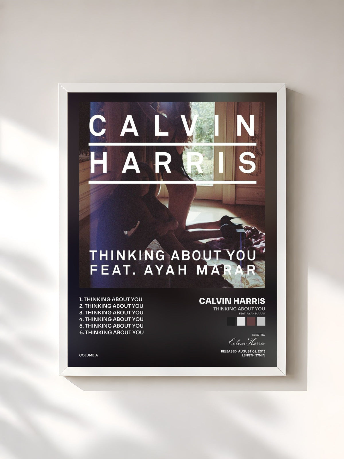#blanc Tableau de l'album Thinking About You (feat. Ayah Marar) de Calvin Harris, cadre blanc, imprimé et encadré en France
