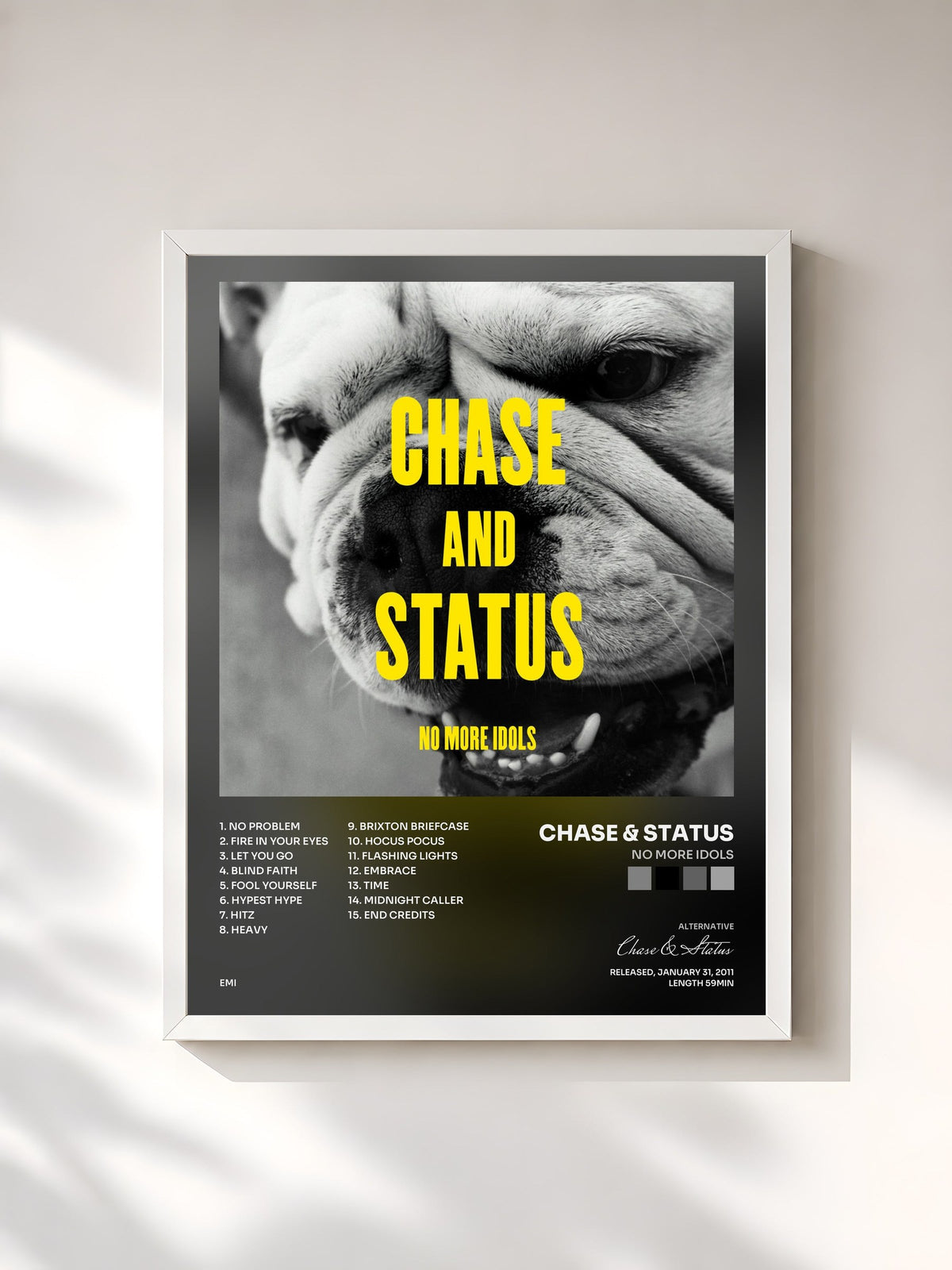 #blanc Tableau de l'album No More Idols de Chase & Status, cadre blanc, imprimé et encadré en France