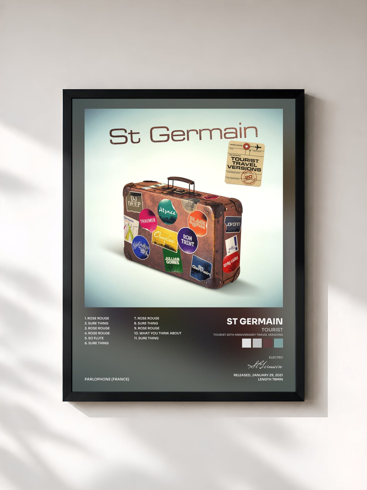 #noir Tableau de l'album Tourist (Tourist 20th Anniversary Travel Versions) de St Germain, cadre noir, imprimé et encadré en France