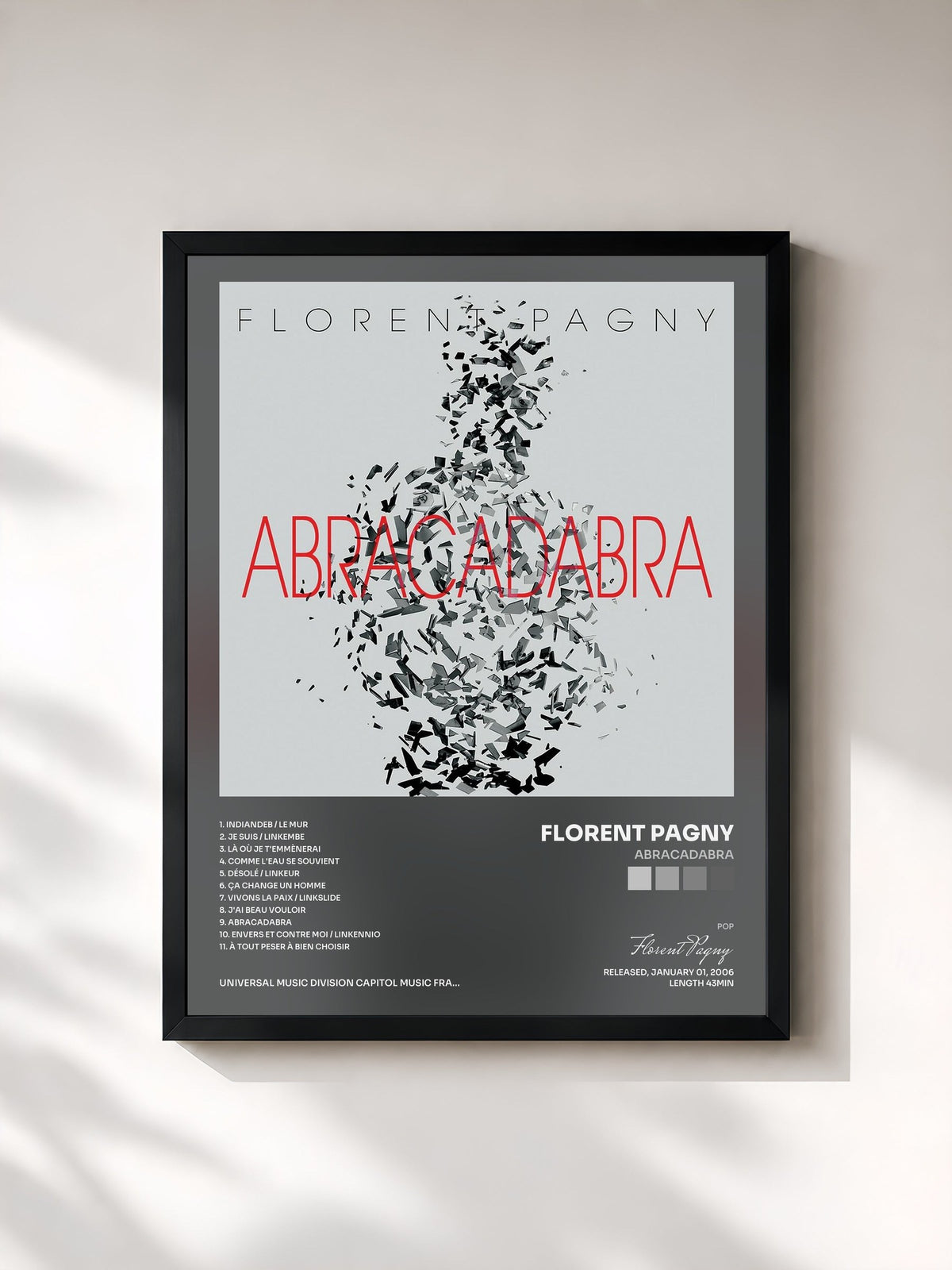 #noir Tableau de l'album Abracadabra de Florent Pagny, cadre noir, imprimé et encadré en France