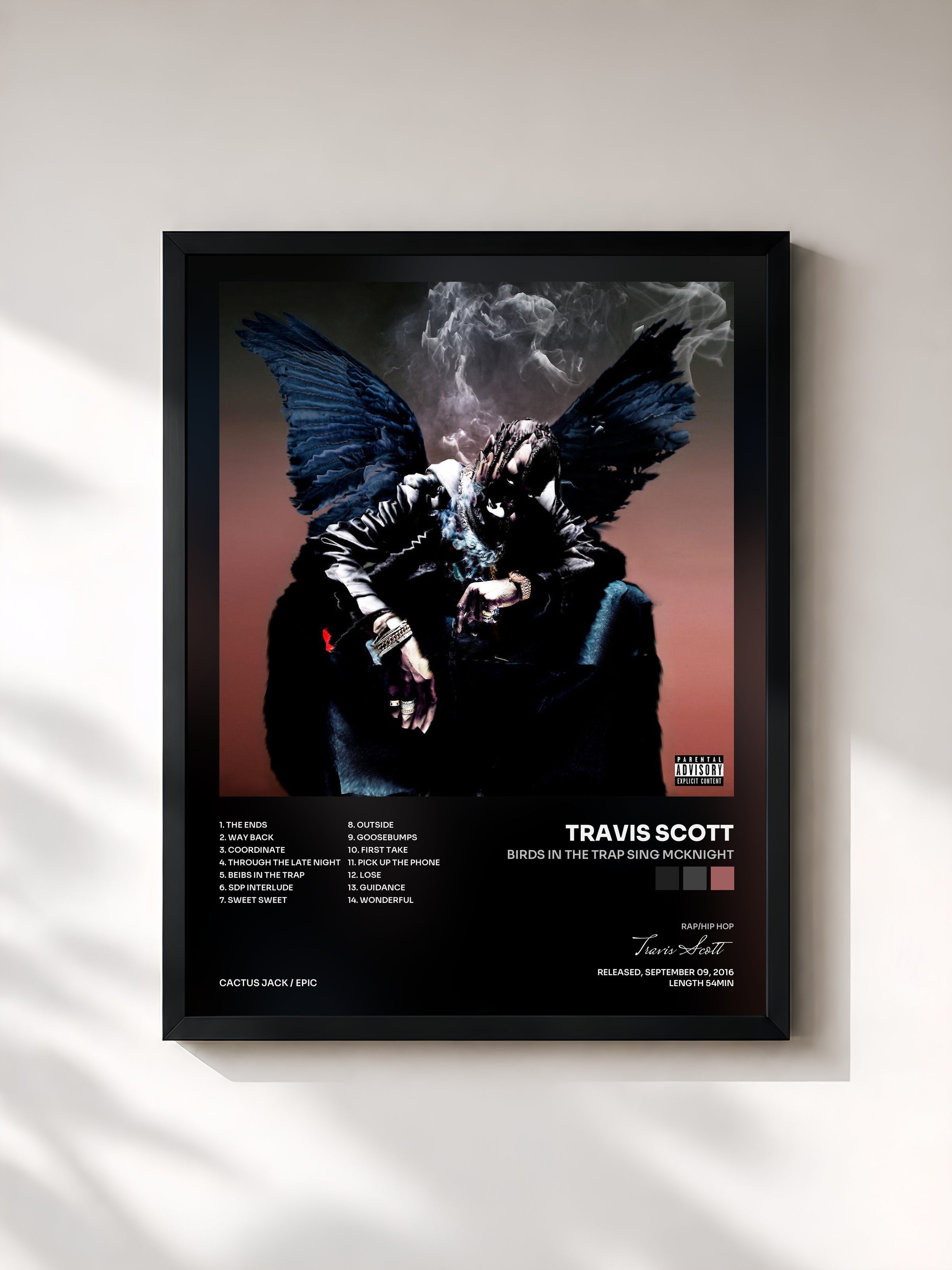 #noir Tableau de l'album Birds In The Trap Sing McKnight de Travis Scott, cadre noir, imprimé et encadré en France