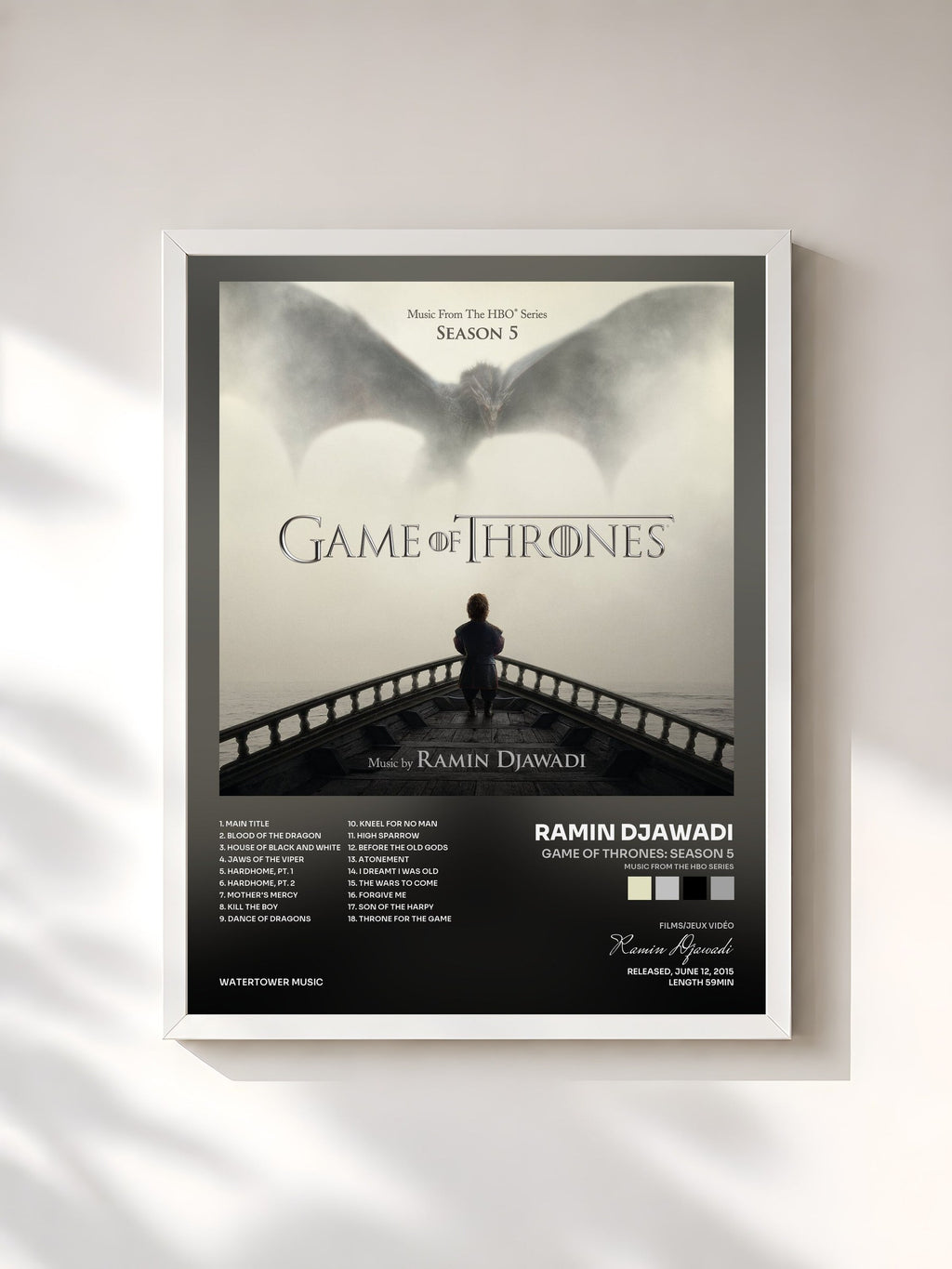 #blanc Game Of Thrones: Season 5 (Music from the HBO Series) de Ramin Djawadi en lámina enmarcada, marco blanco, impresa y enmarcada en Francia