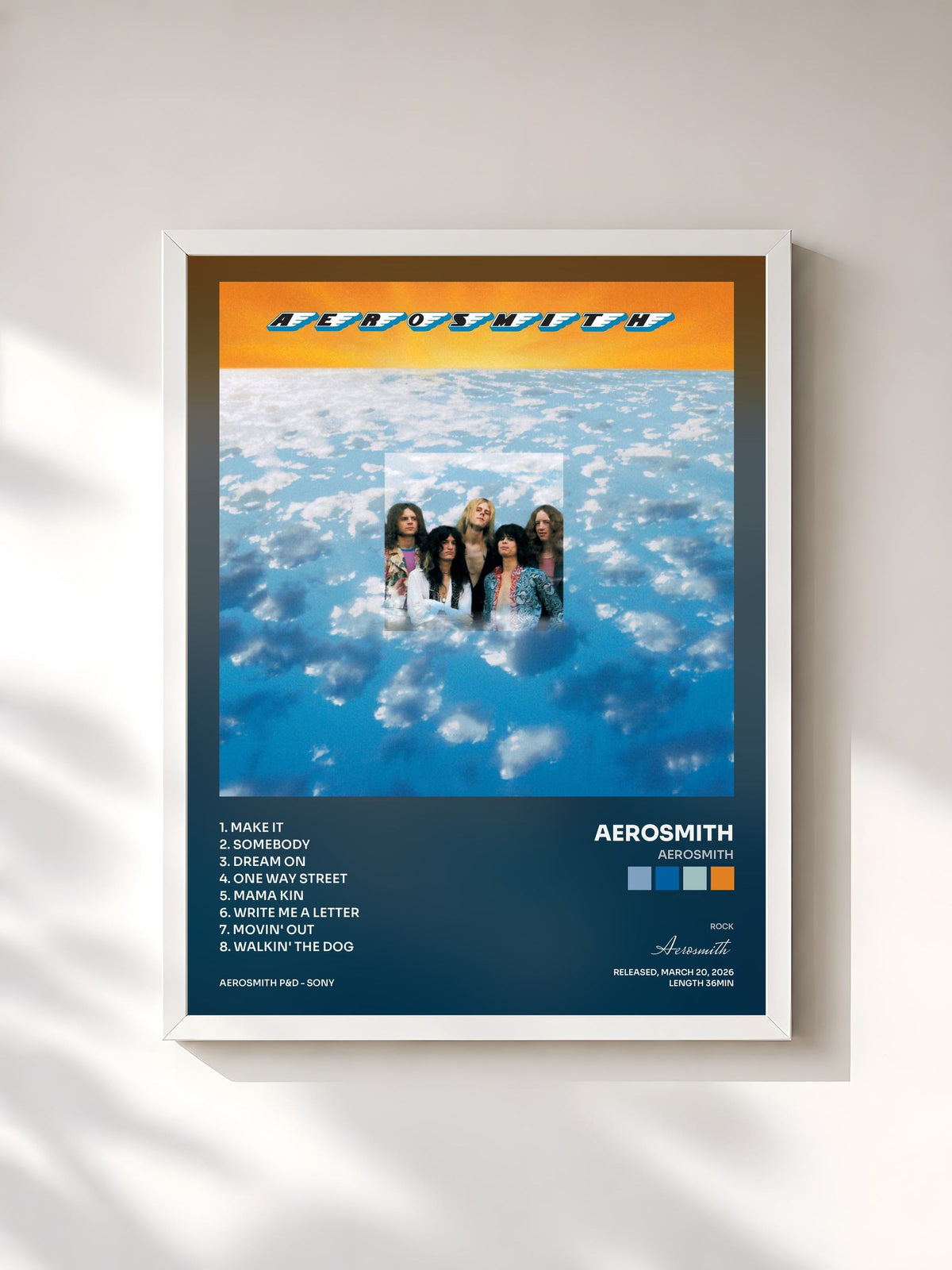 #blanc Tableau de l'album Aerosmith de Aerosmith, cadre blanc, imprimé et encadré en France
