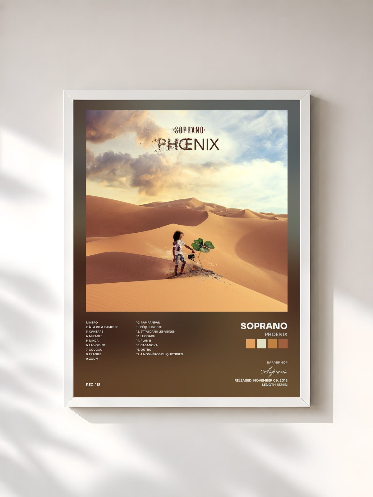 #blanc Tableau de l'album Phoenix de Soprano, cadre blanc, imprimé et encadré en France