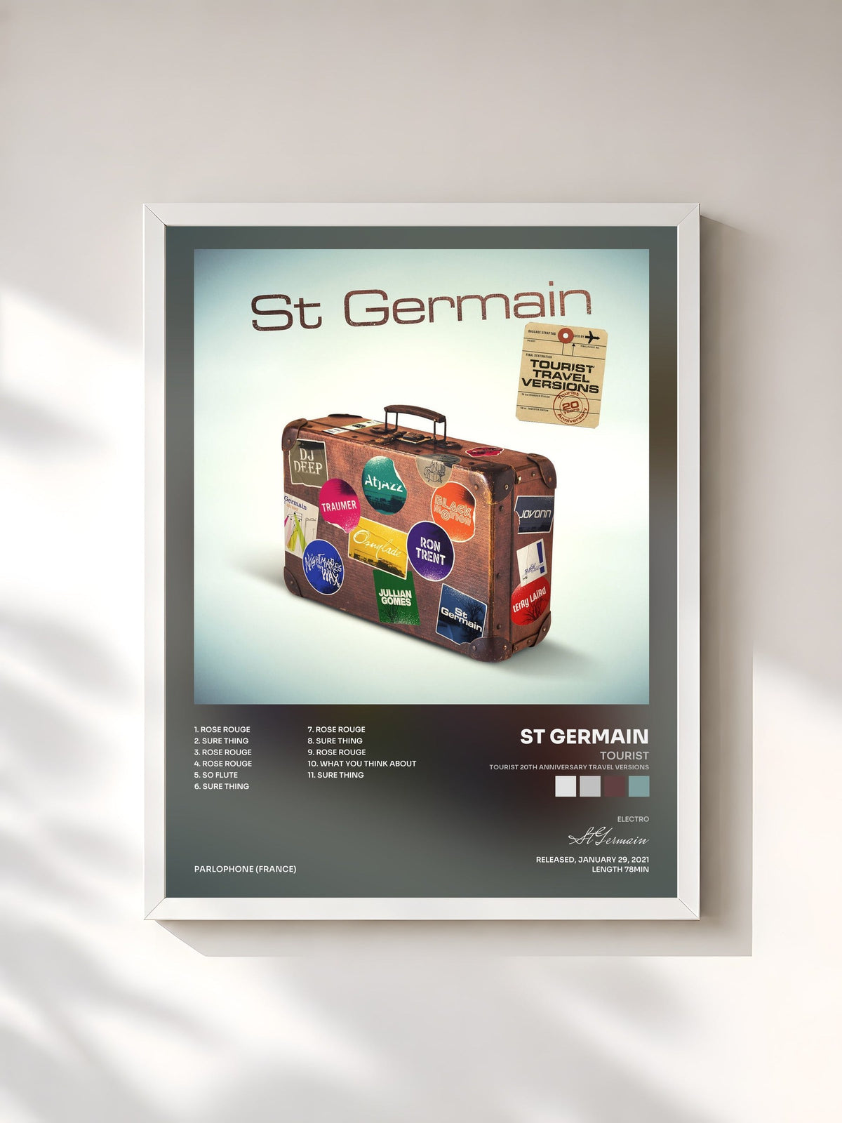#blanc Tableau de l'album Tourist (Tourist 20th Anniversary Travel Versions) de St Germain, cadre blanc, imprimé et encadré en France