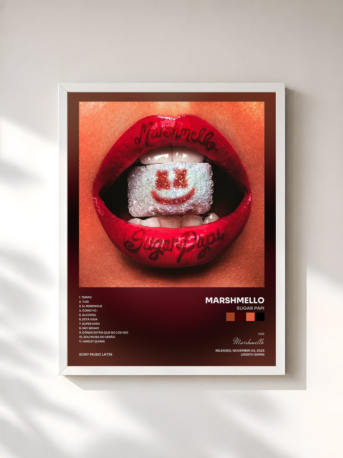 #blanc Tableau de l'album Sugar Papi de Marshmello, cadre blanc, imprimé et encadré en France