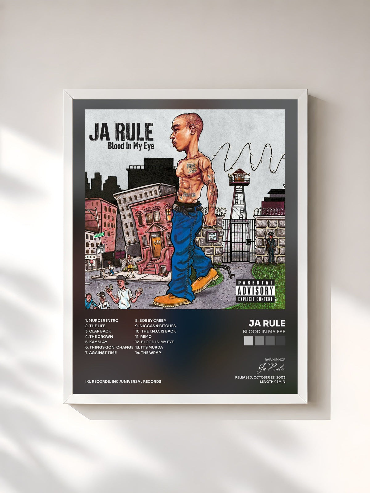#blanc Tableau de l'album Blood In My Eye de Ja Rule, cadre blanc, imprimé et encadré en France