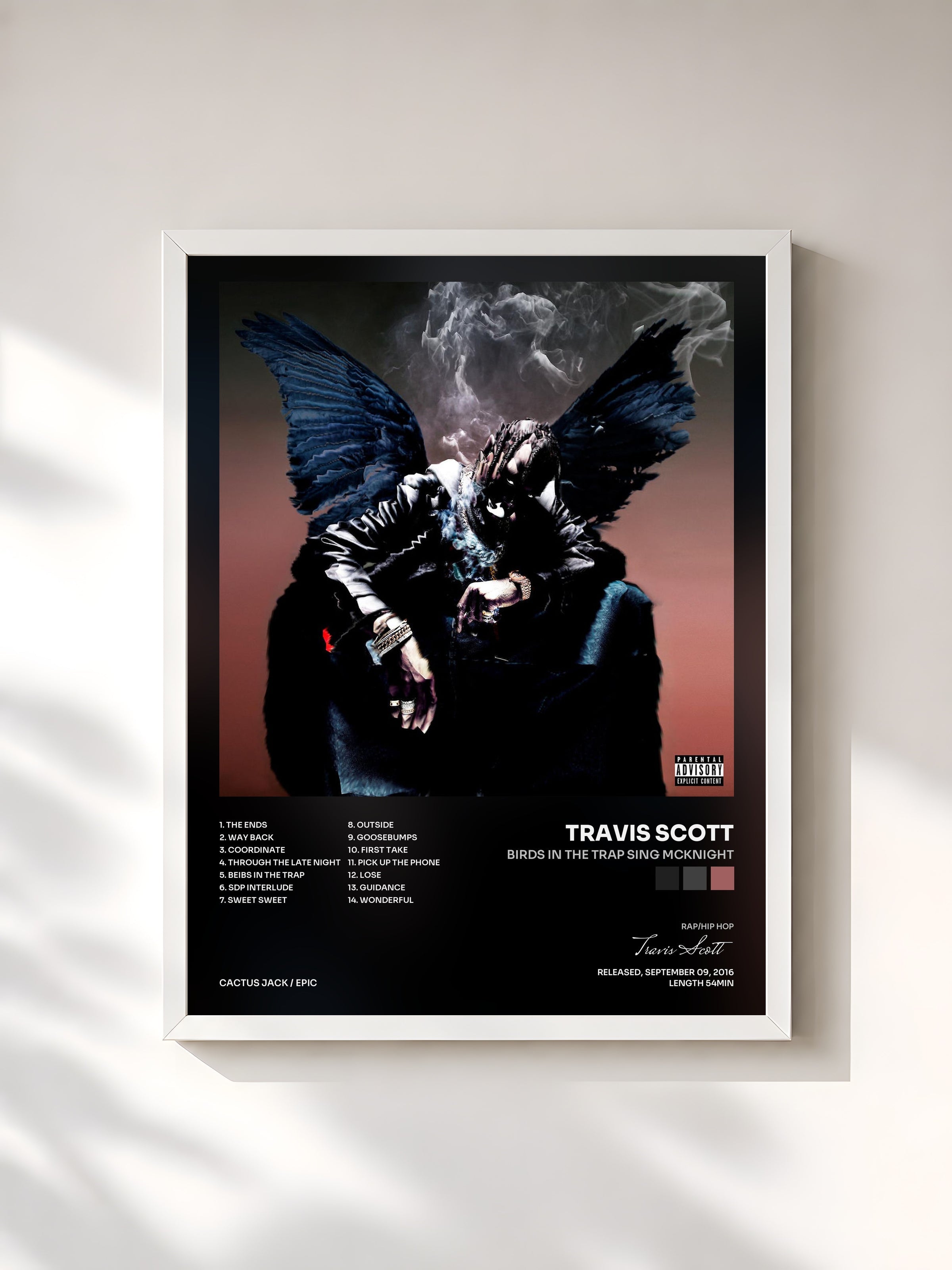 #blanc Tableau de l'album Birds In The Trap Sing McKnight de Travis Scott, cadre blanc, imprimé et encadré en France
