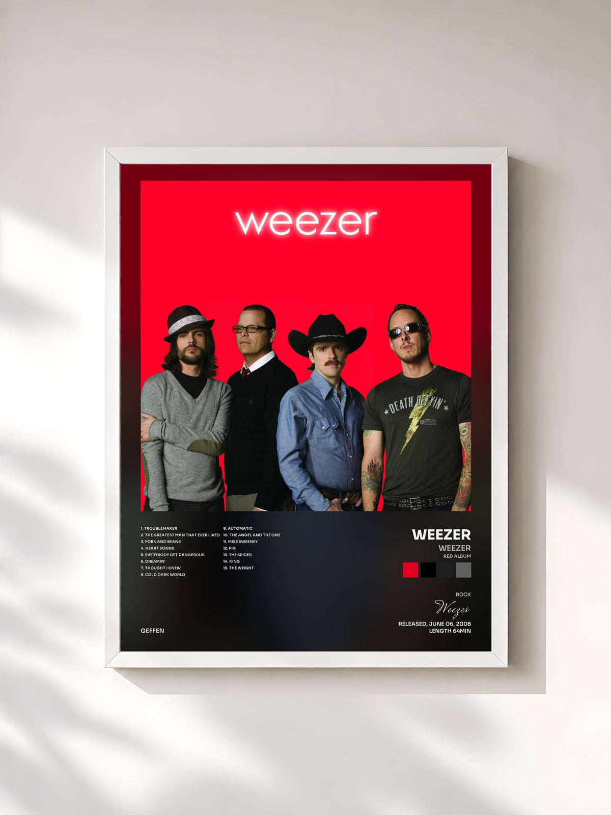 #blanc Tableau de l'album Weezer (Red Album) de Weezer, cadre blanc, imprimé et encadré en France