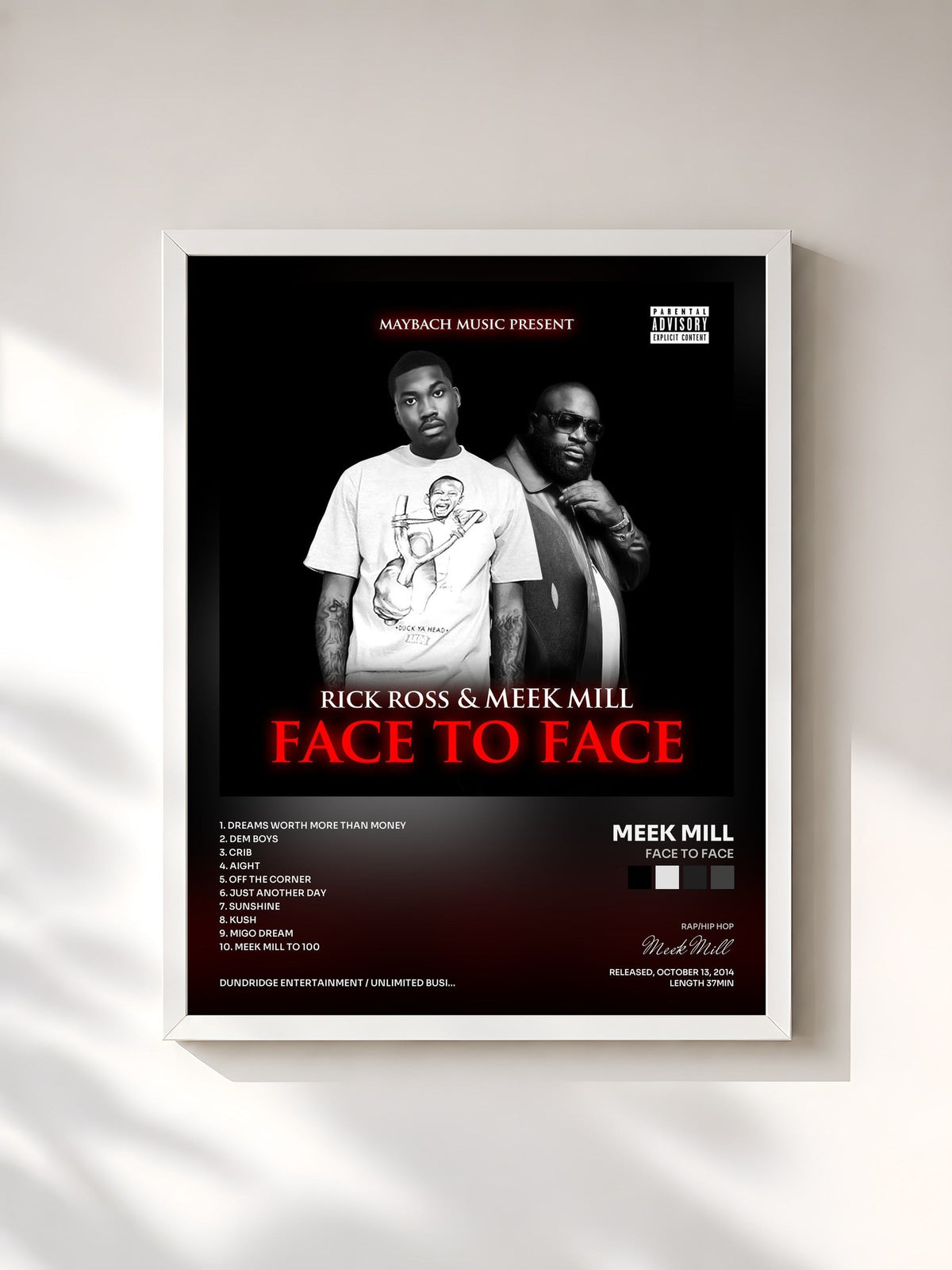 #blanc Tableau de l'album Face To Face de Meek Mill, cadre blanc, imprimé et encadré en France
