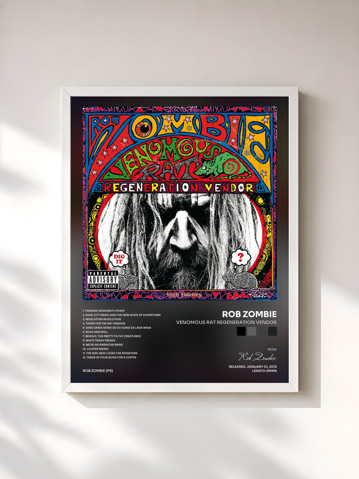 #blanc Tableau de l'album Venomous Rat Regeneration Vendor de Rob Zombie, cadre blanc, imprimé et encadré en France
