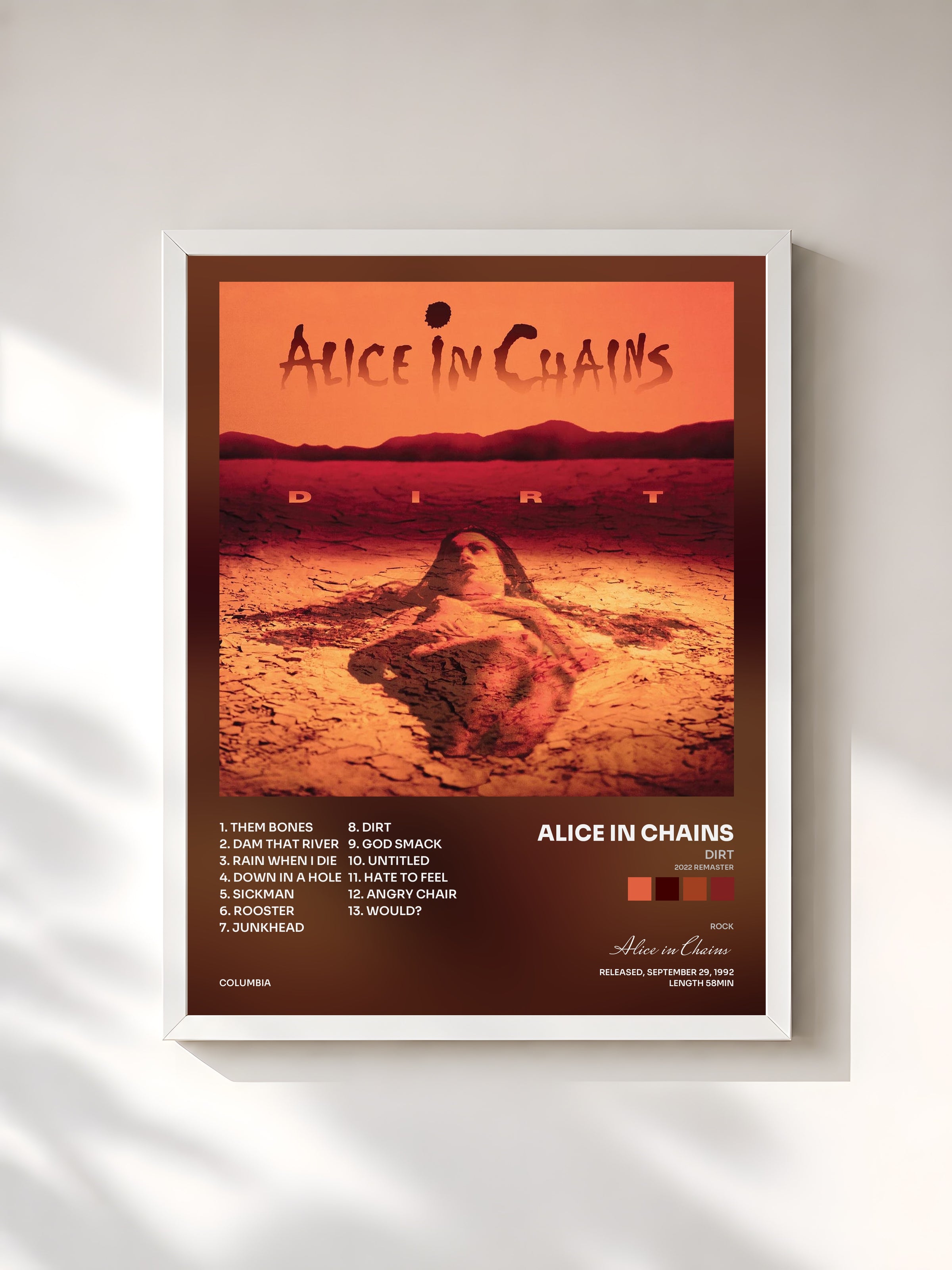 #blanc Dirt (2022 Remaster) by Alice in Chains as a framed art print, white frame, printed and framed in France