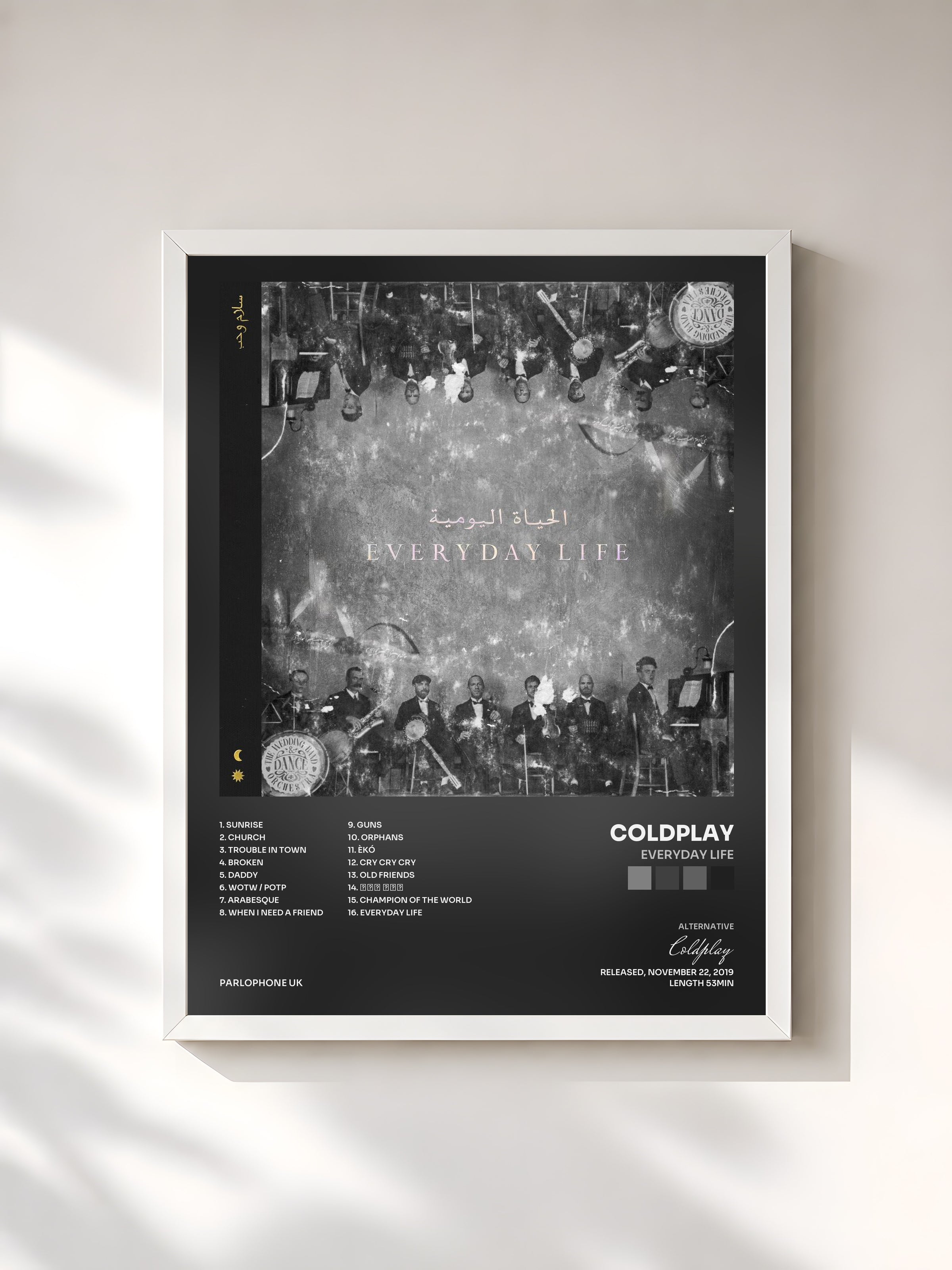 #blanc Tableau de l'album Everyday Life de Coldplay, cadre blanc, imprimé et encadré en France
