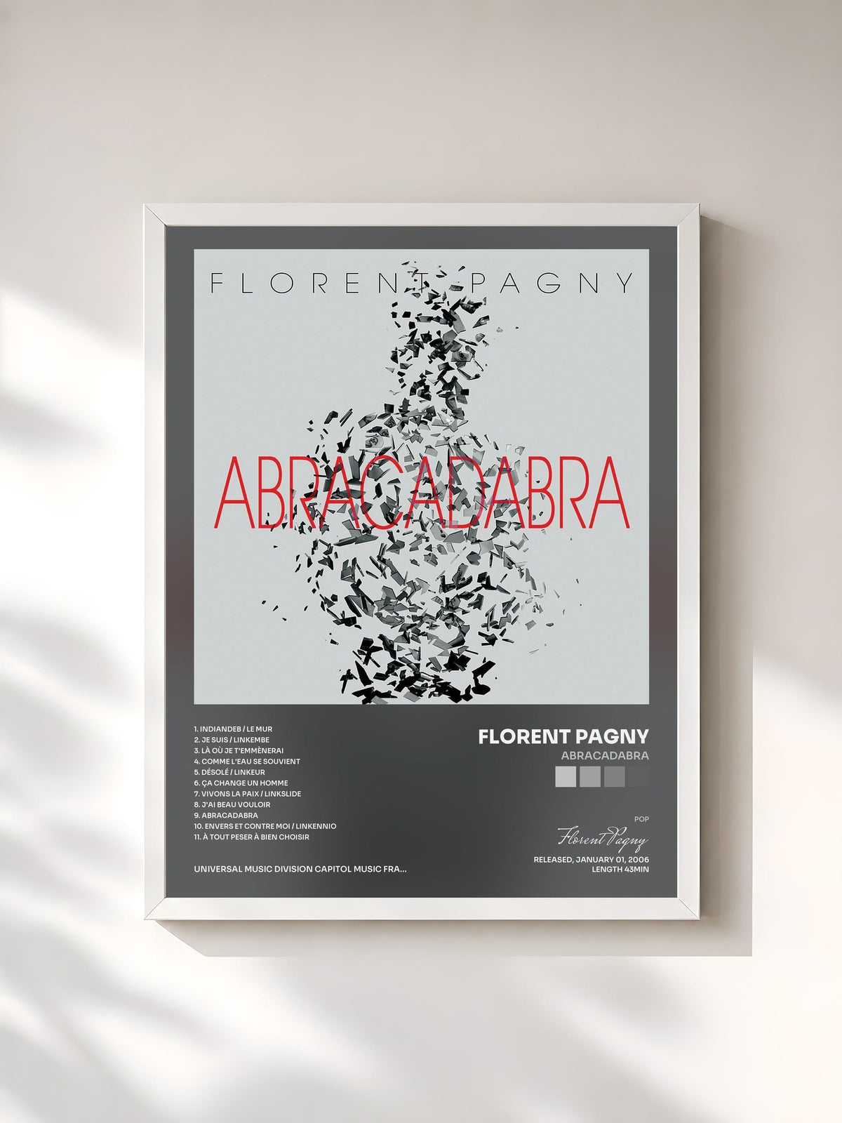 #blanc Tableau de l'album Abracadabra de Florent Pagny, cadre blanc, imprimé et encadré en France