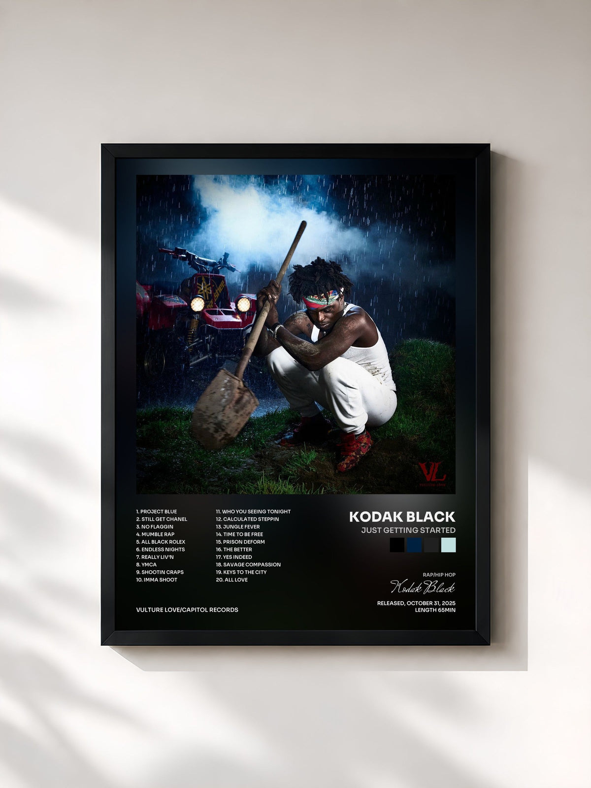 #noir Tableau de l'album Just Getting Started de Kodak Black, cadre noir, imprimé et encadré en France