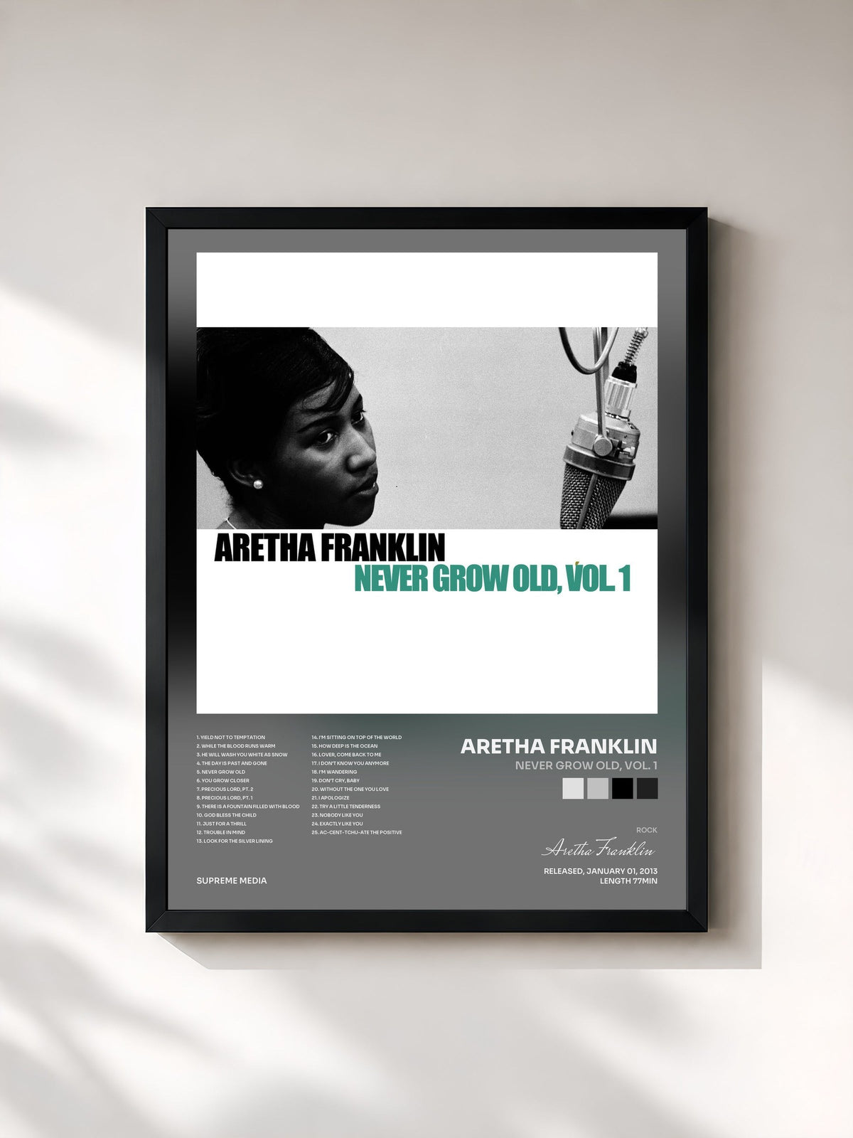 #noir Tableau de l'album Never Grow Old, Vol. 1 de Aretha Franklin, cadre noir, imprimé et encadré en France