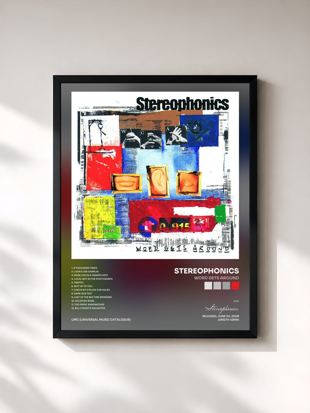 #noir Tableau de l'album Word Gets Around de Stereophonics, cadre noir, imprimé et encadré en France