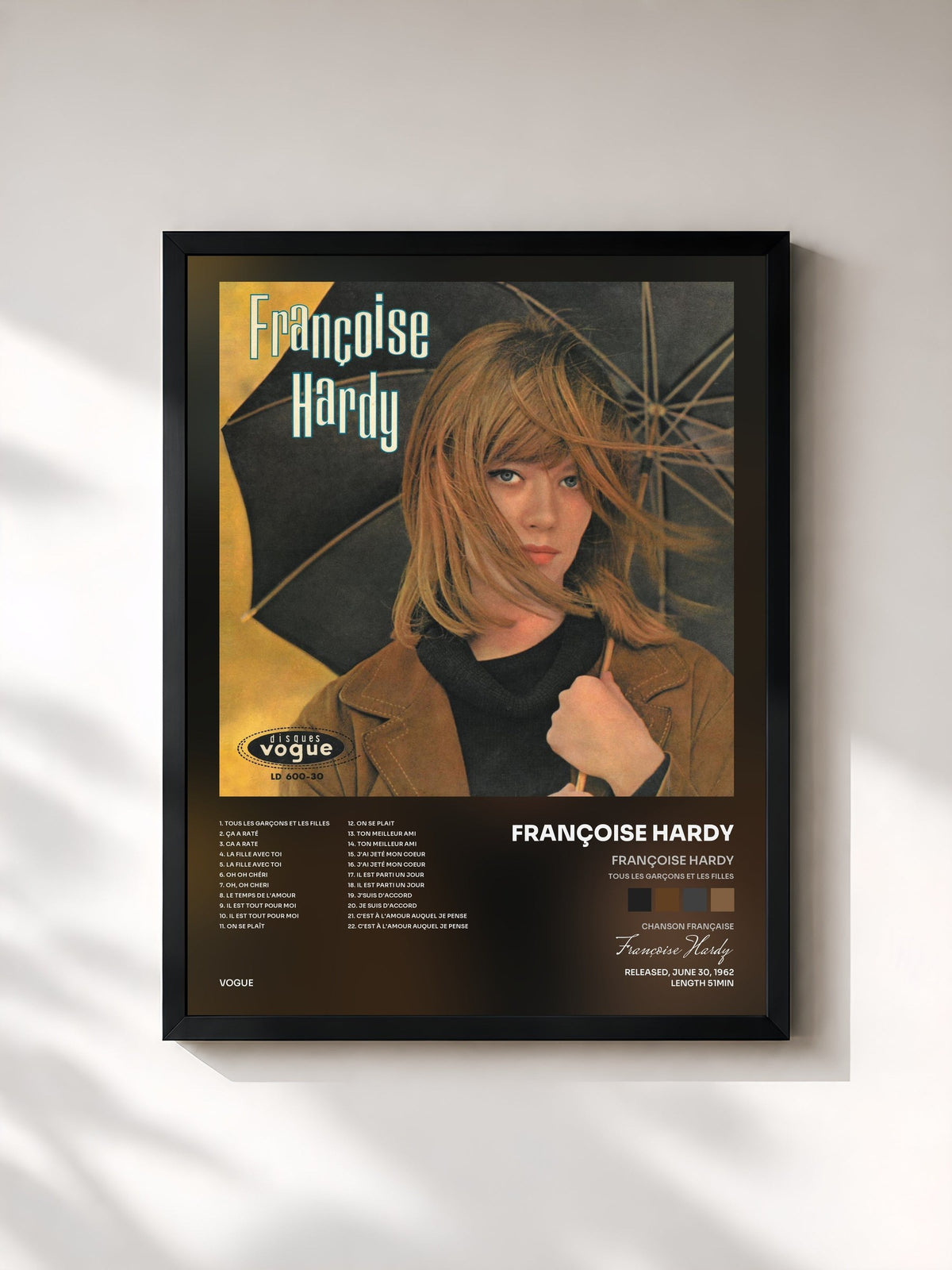 #noir Tableau de l'album Françoise Hardy (Tous les garçons et les filles) de Françoise Hardy, cadre noir, imprimé et encadré en France