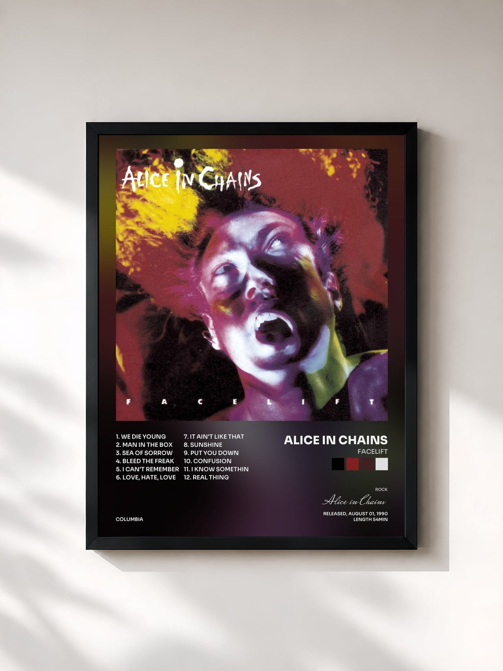 #noir Tableau de l'album Facelift de Alice in Chains, cadre noir, imprimé et encadré en France