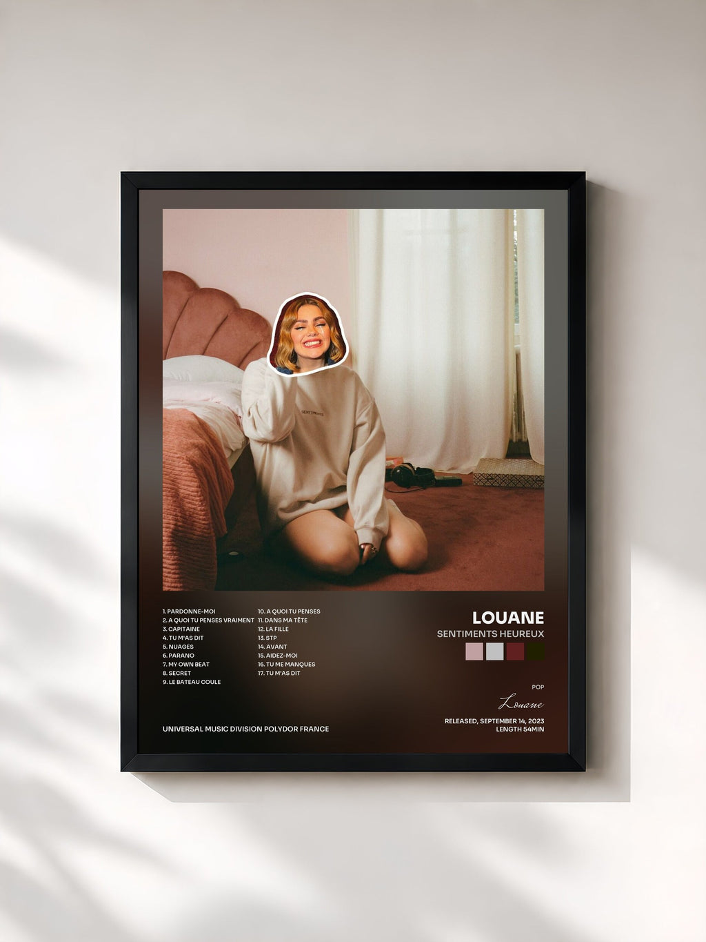 #noir Tableau de l'album Sentiments Heureux de Louane, cadre noir, imprimé et encadré en France
