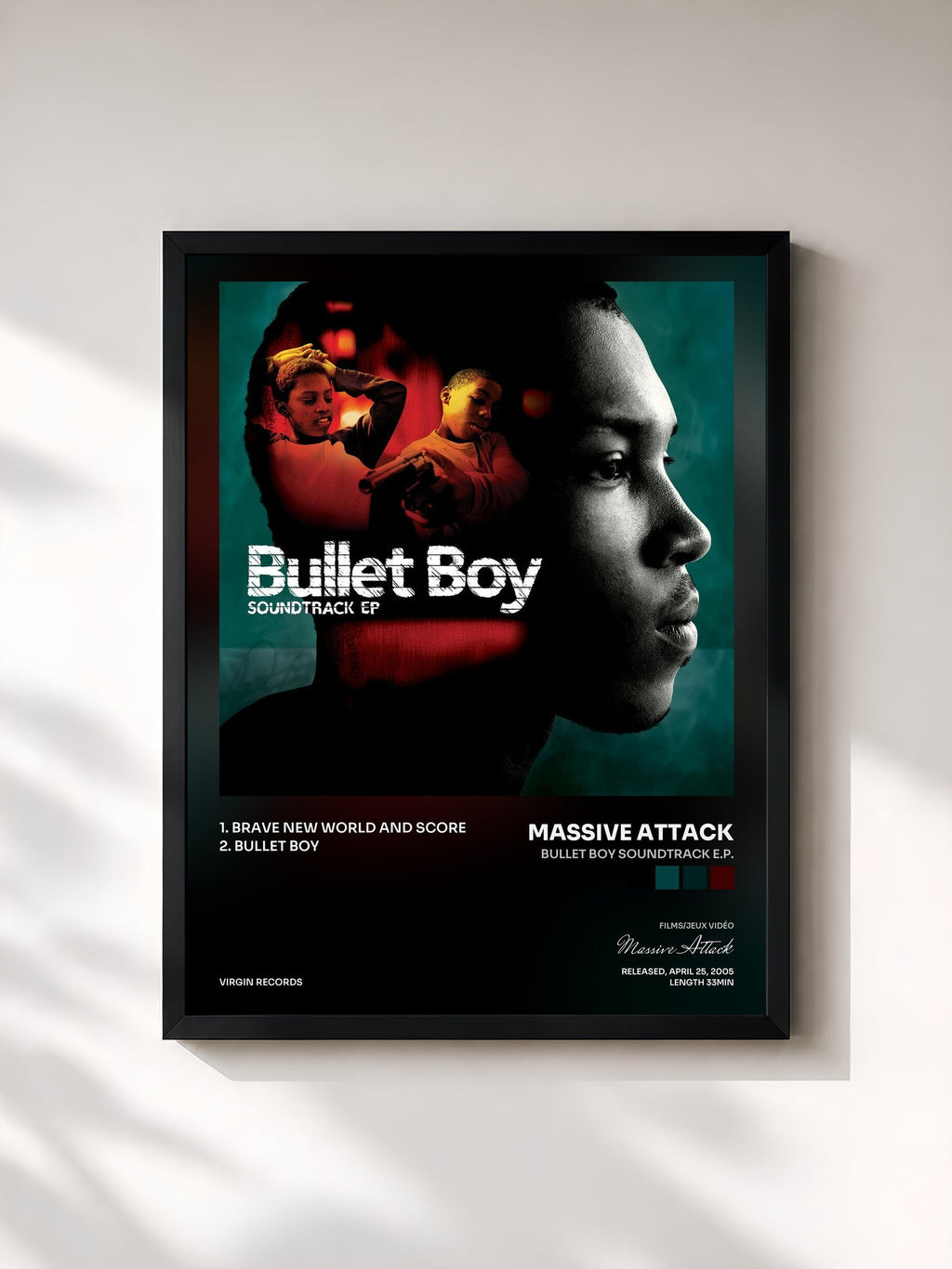 #noir Tableau de l'album Bullet Boy Soundtrack E.P. de Massive Attack, cadre noir, imprimé et encadré en France