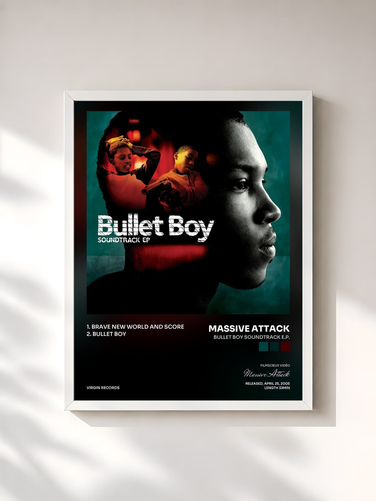#blanc Tableau de l'album Bullet Boy Soundtrack E.P. de Massive Attack, cadre blanc, imprimé et encadré en France