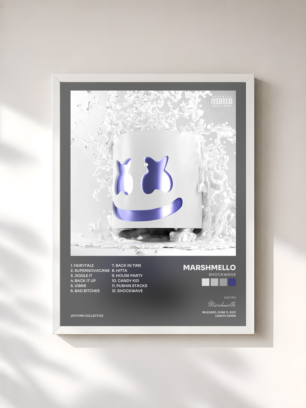 #blanc Tableau de l'album Shockwave de Marshmello, cadre blanc, imprimé et encadré en France