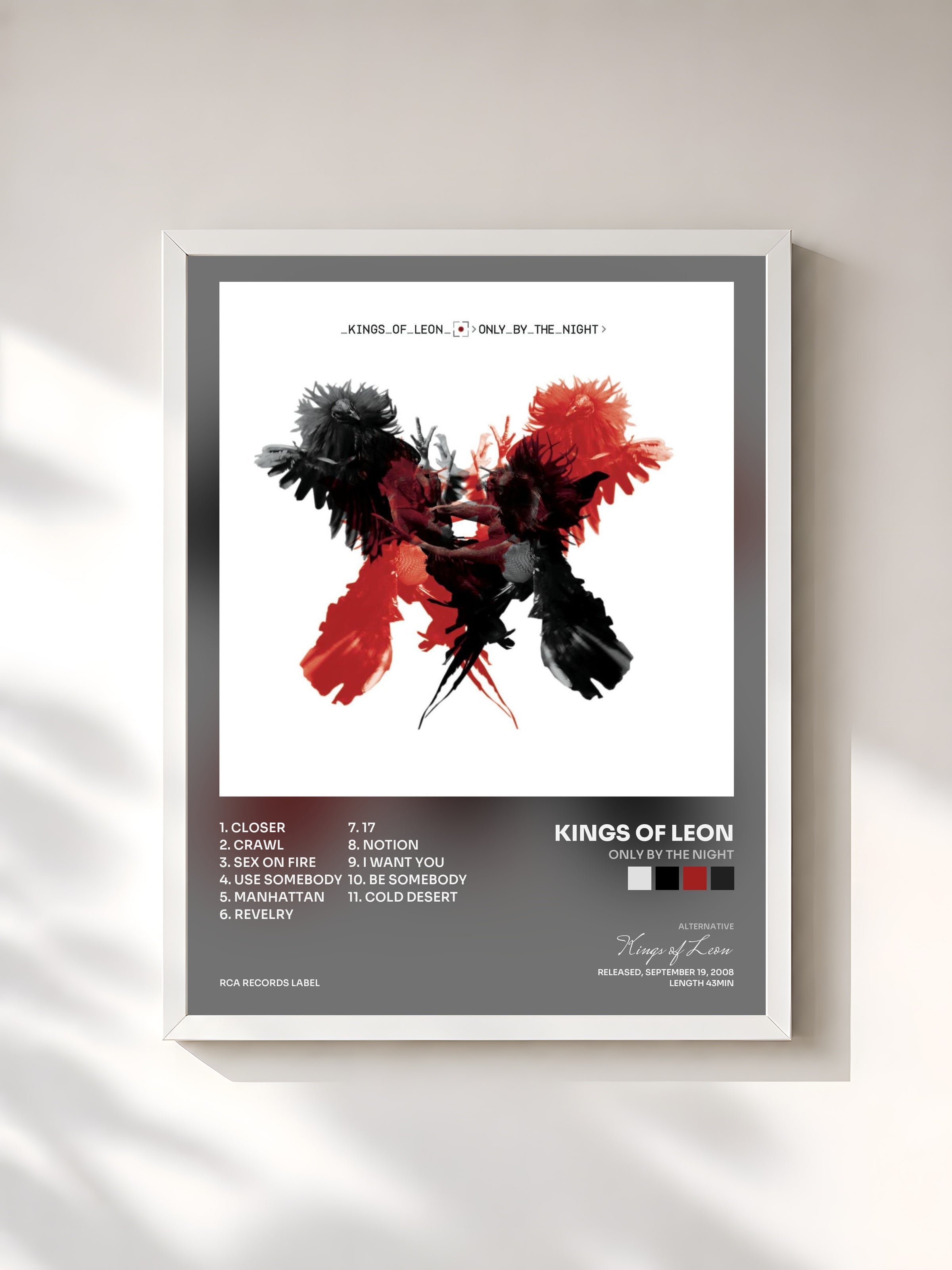 #blanc Only By The Night de Kings of Leon en lámina enmarcada, marco blanco, impresa y enmarcada en Francia