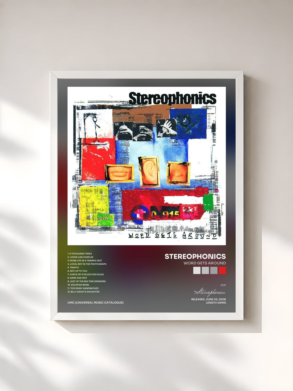 #blanc Tableau de l'album Word Gets Around de Stereophonics, cadre blanc, imprimé et encadré en France