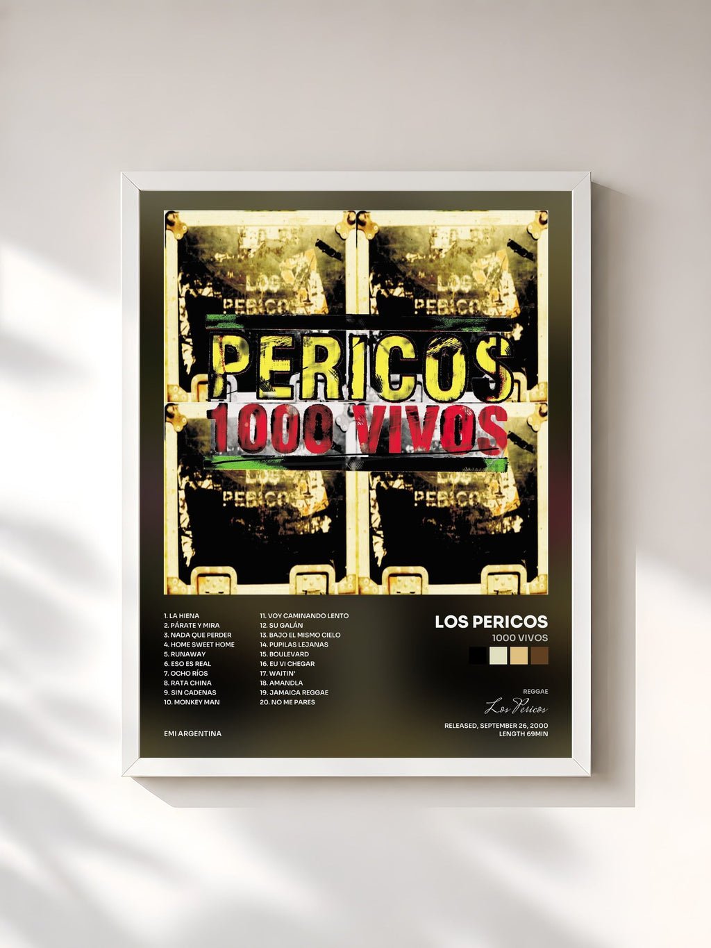 #blanc Tableau de l'album 1000 Vivos de Los Pericos, cadre blanc, imprimé et encadré en France