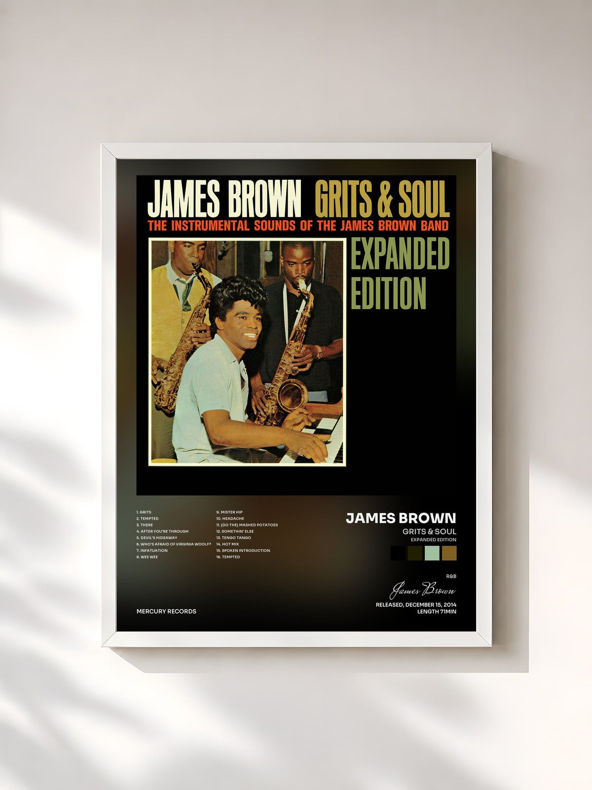 #blanc Tableau de l'album Grits & Soul (Expanded Edition) de James Brown, cadre blanc, imprimé et encadré en France