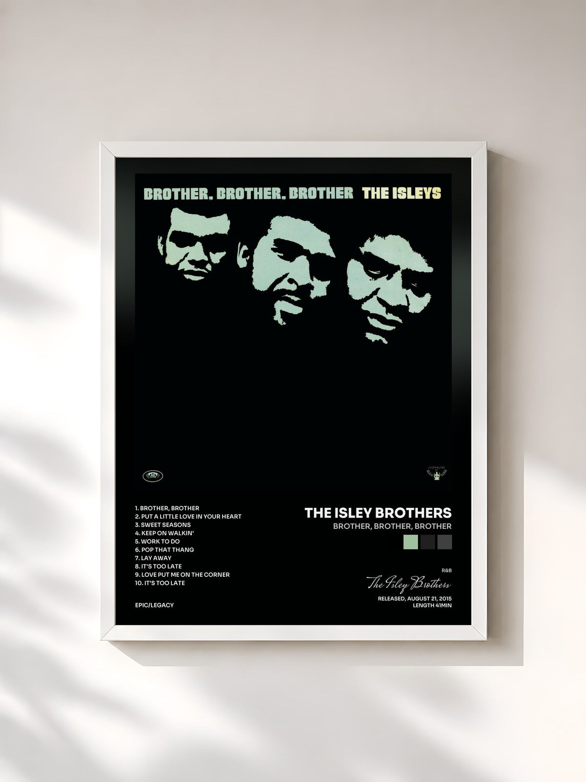 #blanc Tableau de l'album Brother, Brother, Brother de The Isley Brothers, cadre blanc, imprimé et encadré en France