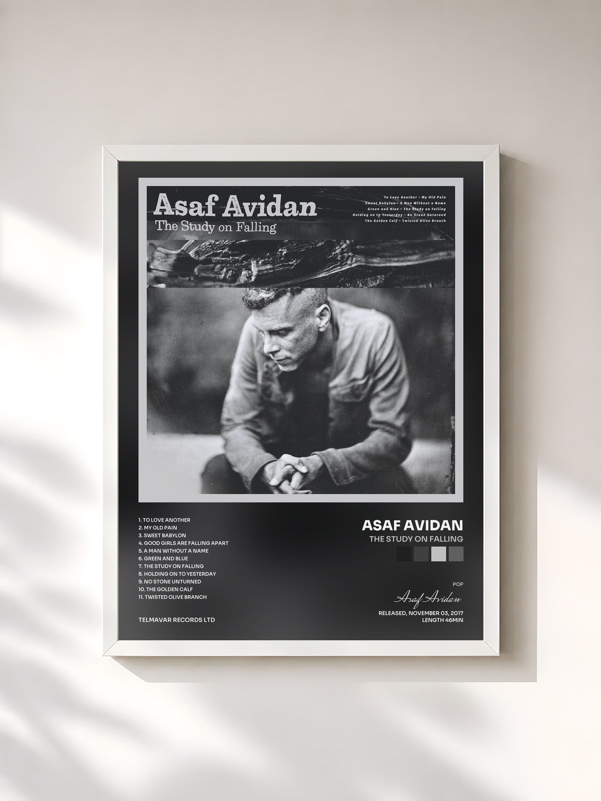#blanc Tableau de l'album The Study On Falling de Asaf Avidan, cadre blanc, imprimé et encadré en France