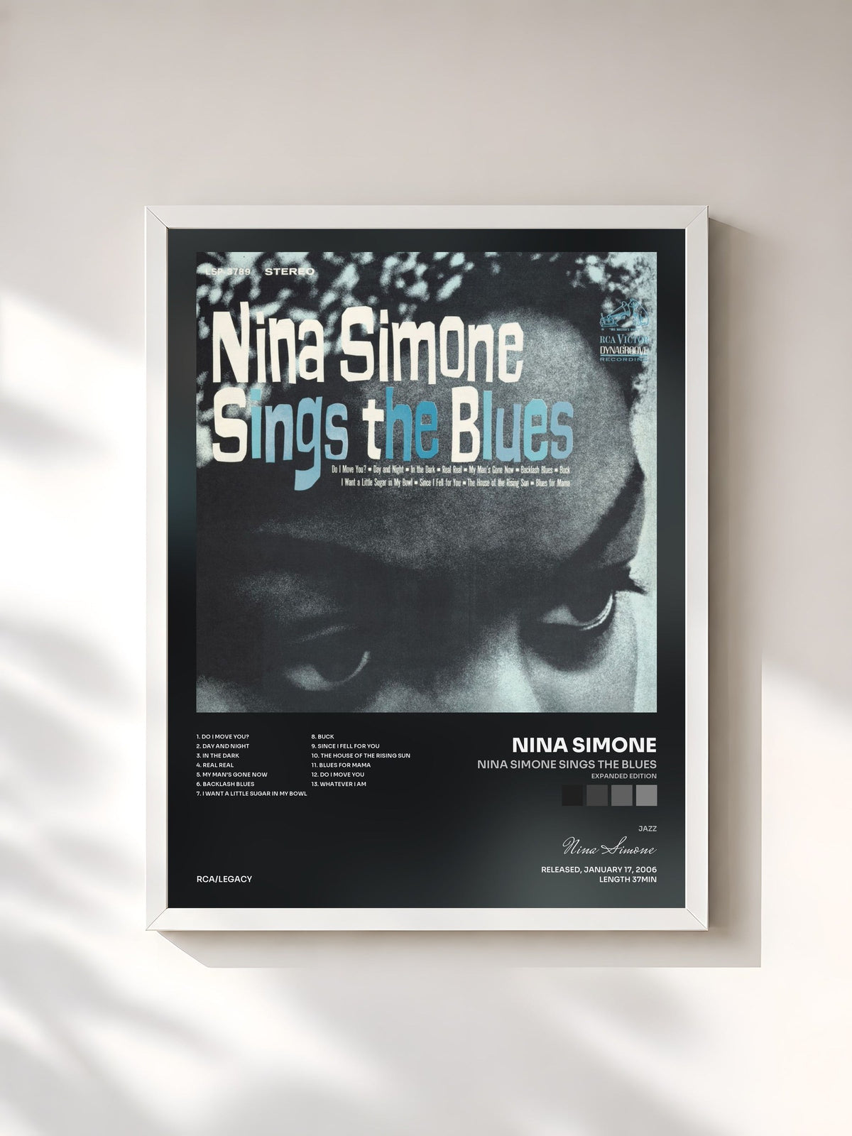 #blanc Tableau de l'album Nina Simone Sings The Blues (Expanded Edition) de Nina Simone, cadre blanc, imprimé et encadré en France