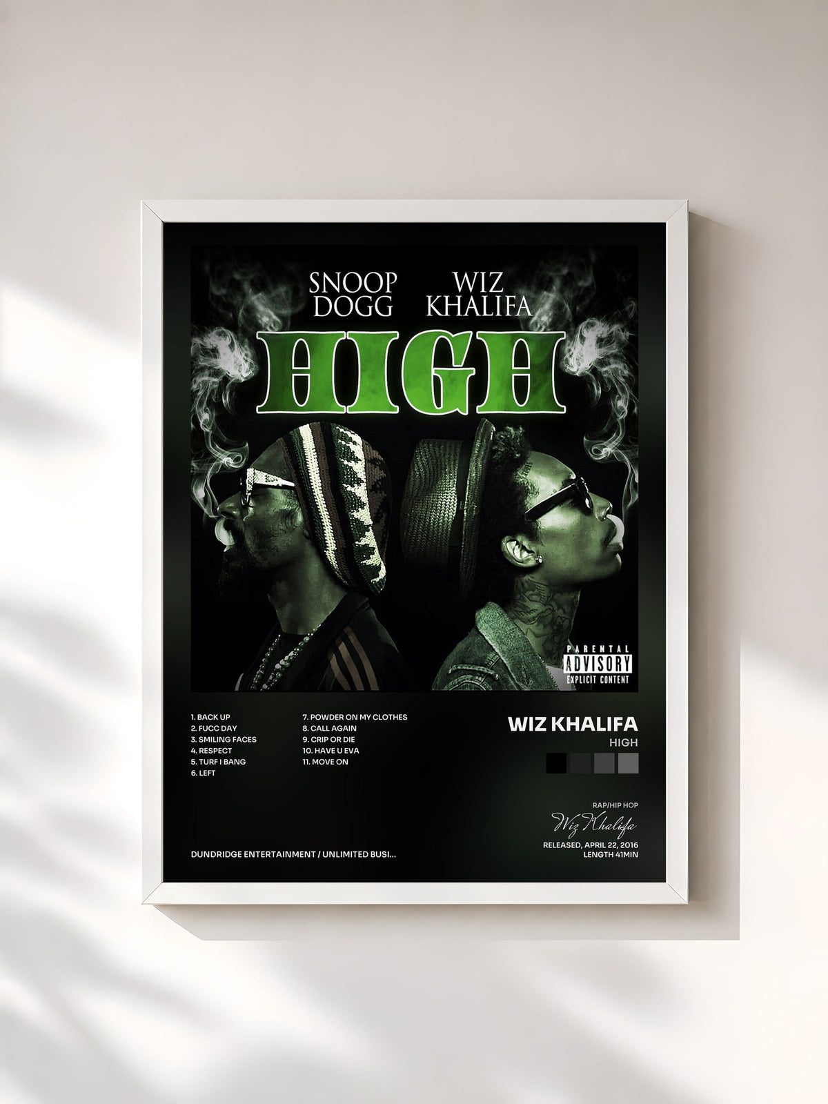 #blanc Tableau de l'album High de Wiz Khalifa, cadre blanc, imprimé et encadré en France