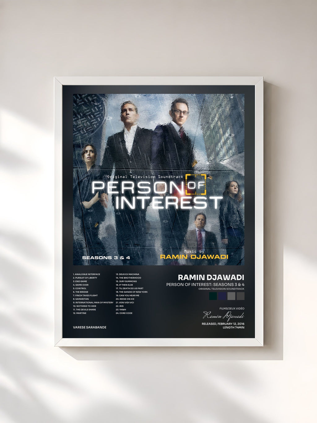 #blanc Person Of Interest: Seasons 3 & 4 (Original Television Soundtrack) by Ramin Djawadi as a framed art print, white frame, printed and framed in France