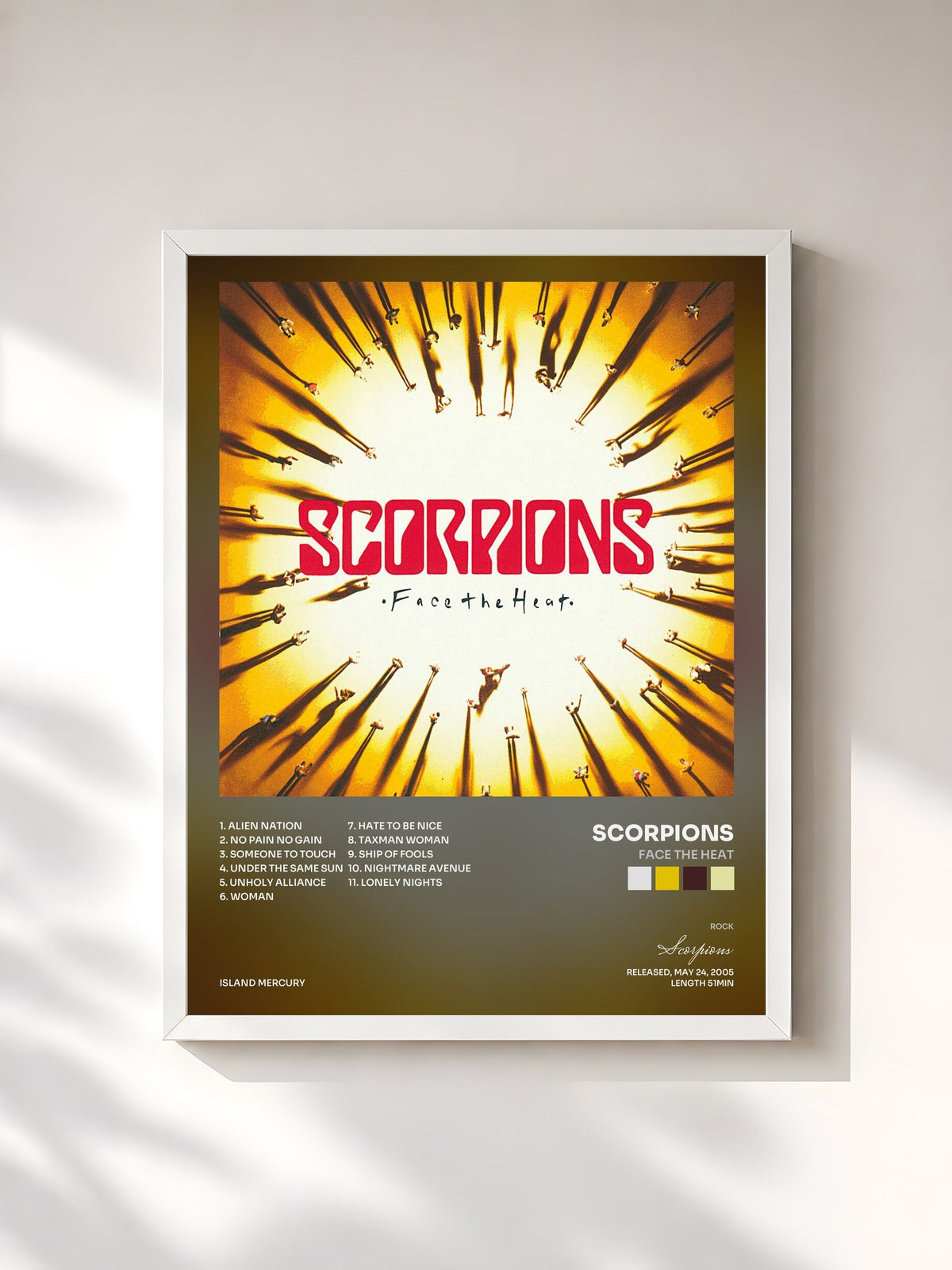 #blanc Tableau de l'album Face The Heat de Scorpions, cadre blanc, imprimé et encadré en France