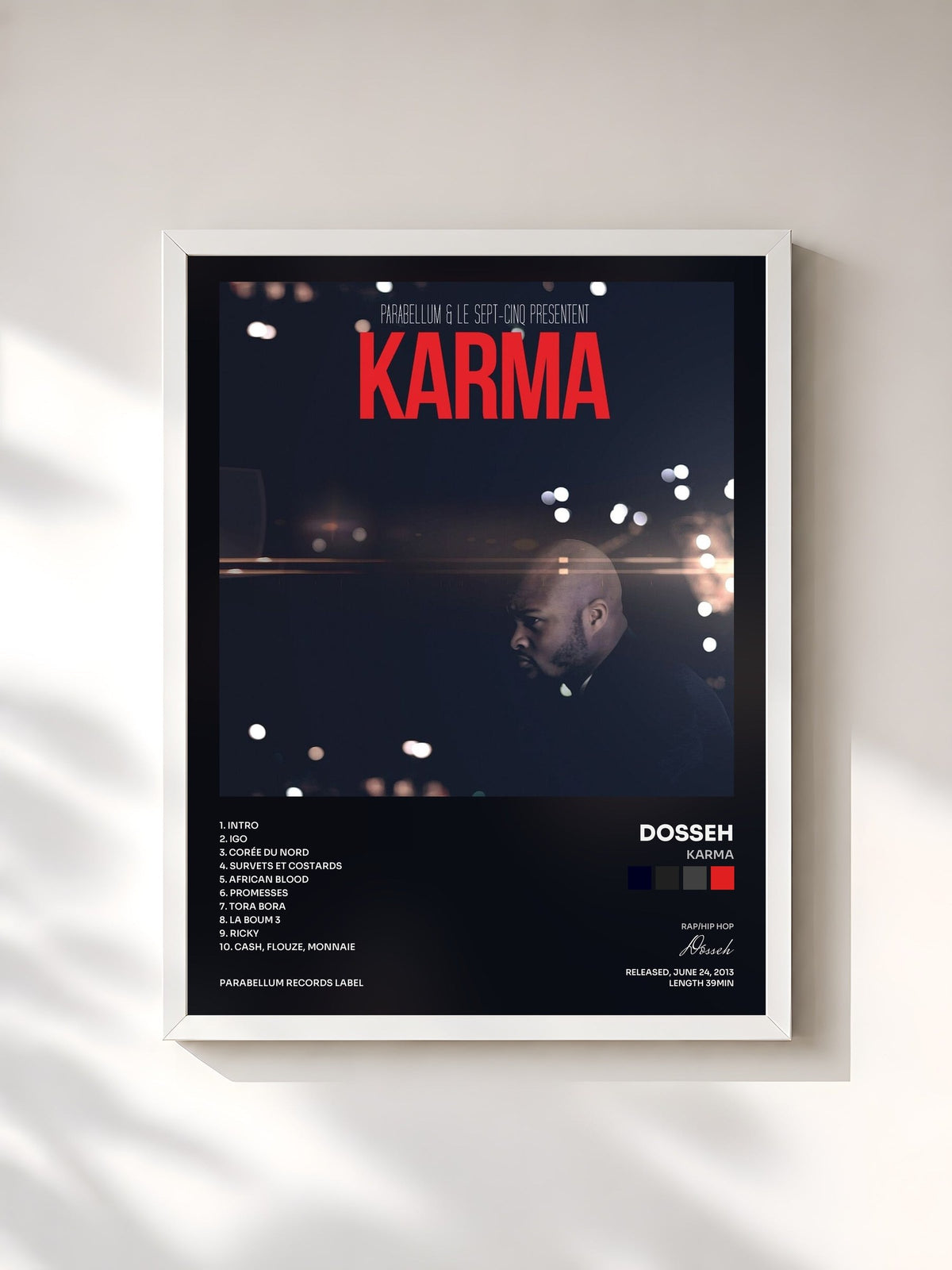 #blanc Tableau de l'album Karma de Dosseh, cadre blanc, imprimé et encadré en France