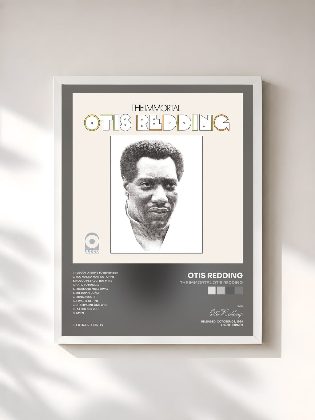 #blanc Tableau de l'album The Immortal Otis Redding de Otis Redding, cadre blanc, imprimé et encadré en France